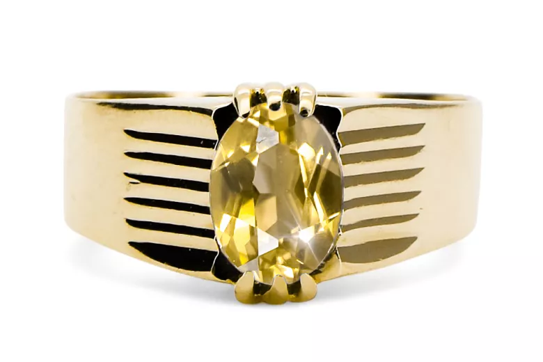 Yellow Peridot 14 Karat Gelbgold Ring Vintage vrc007y-yp Art Deco Russischer Art-Déco-Schmuck, UdSSR-Stil